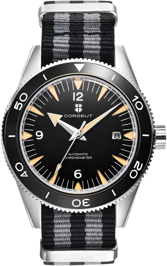 Corgeut 6013-NY Luxury Automatic Mechanical Self-Winding Men's Watch, Japanese Movement, 100M Waterproof, Nylon Strap, Date Display, Noctilucent - Stylish Timepiece for Men