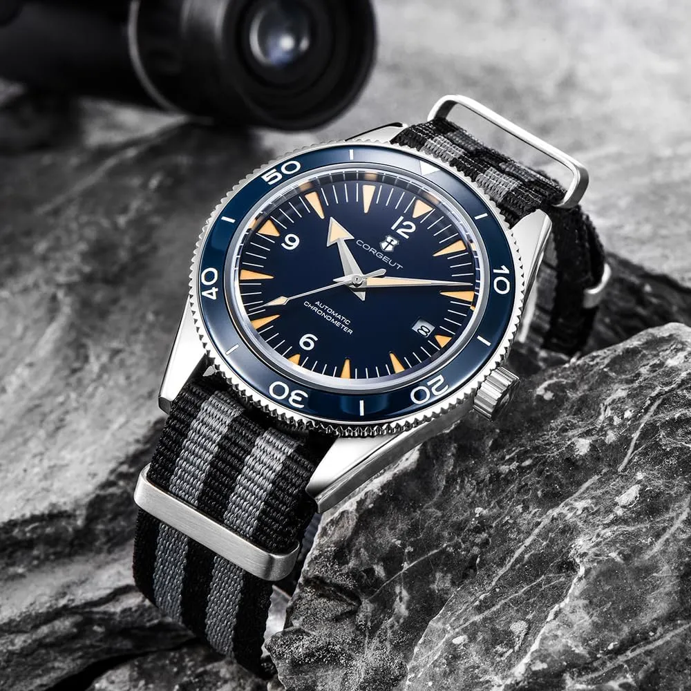 Corgeut 6013-NY Luxury Automatic Mechanical Self-Winding Men's Watch, Japanese Movement, 100M Waterproof, Nylon Strap, Date Display, Noctilucent - Stylish Timepiece for Men