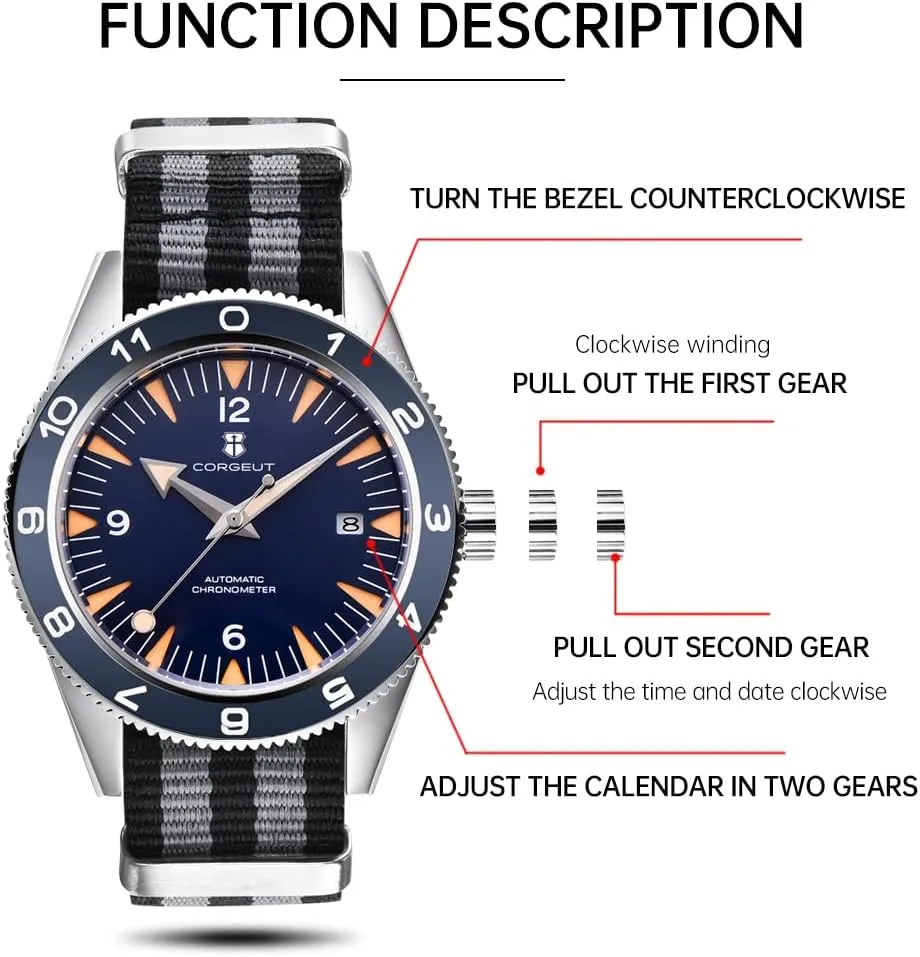 Corgeut 6013-NY Luxury Automatic Mechanical Self-Winding Men's Watch, Japanese Movement, 100M Waterproof, Nylon Strap, Date Display, Noctilucent - Stylish Timepiece for Men