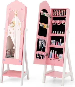 Costzon Kids Jewelry Armoire Cabinet, Standing Jewelry Organizer with Full-Length Mirror, Large Storage Capacity, Kids Vanity Dress Up Mirror Jewelry Cabinet for Girls (Pink)