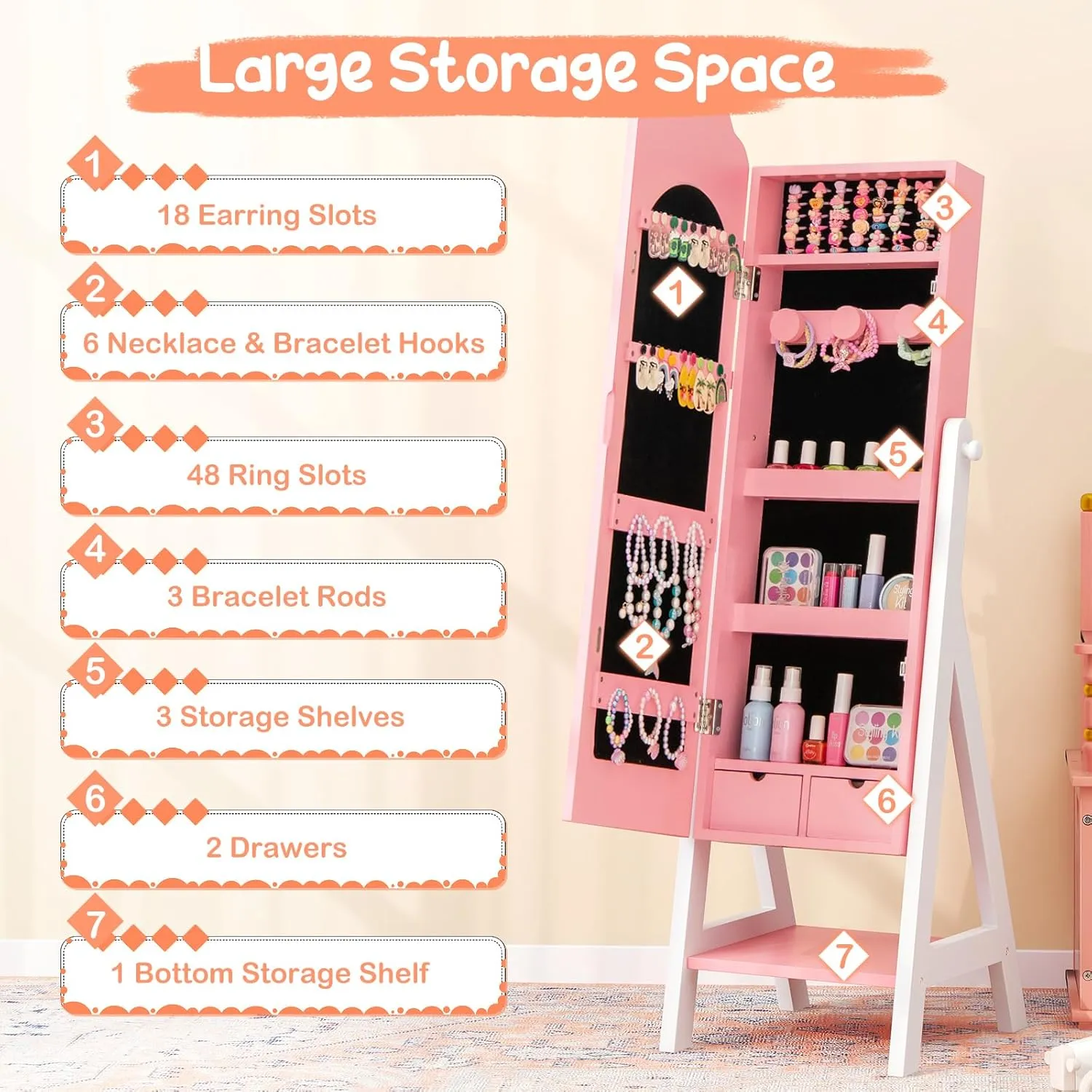 Costzon Kids Jewelry Armoire Cabinet, Standing Jewelry Organizer with Full-Length Mirror, Large Storage Capacity, Kids Vanity Dress Up Mirror Jewelry Cabinet for Girls (Pink)