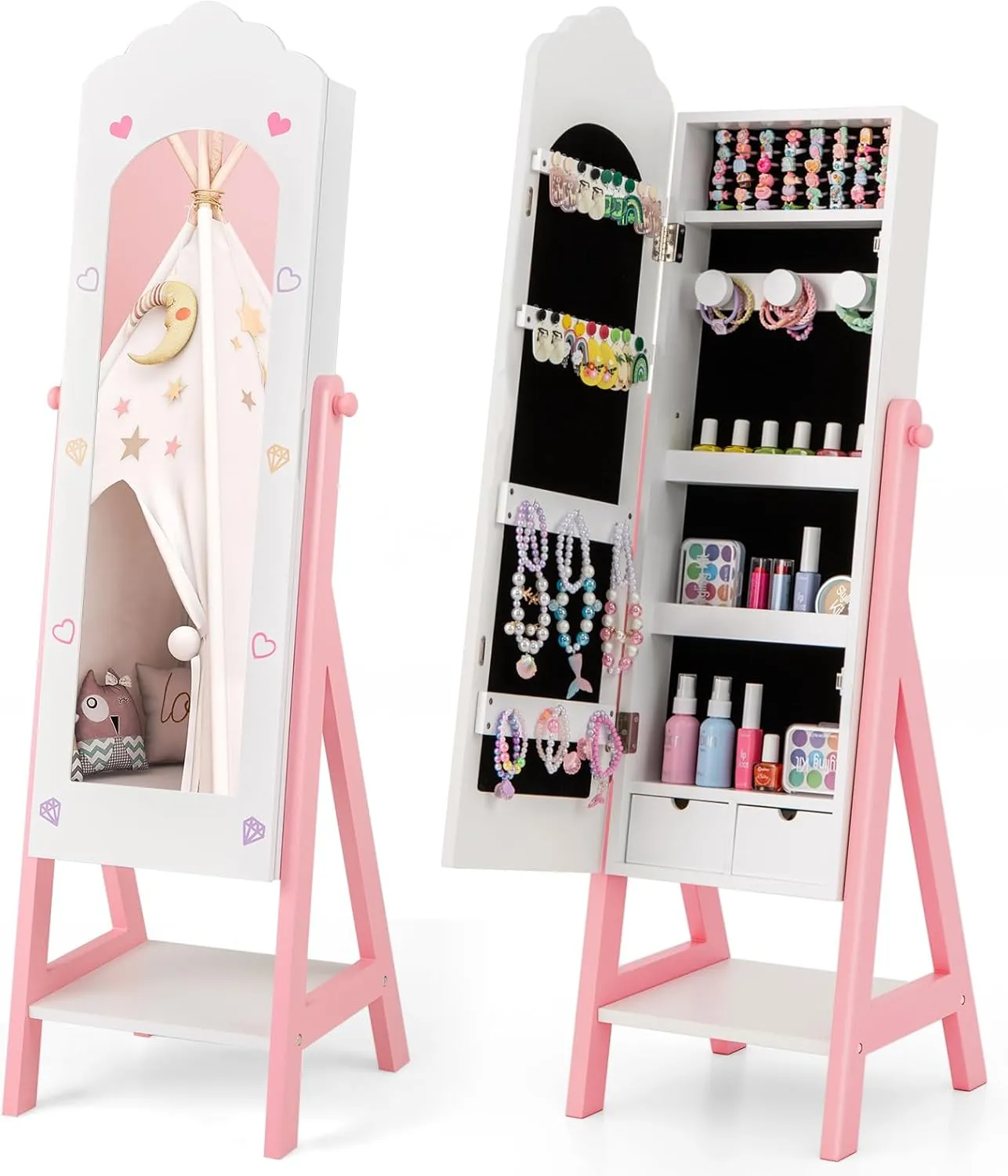 Costzon Kids Jewelry Armoire Cabinet, Standing Jewelry Organizer with Full-Length Mirror, Large Storage Capacity, Kids Vanity Dress Up Mirror Jewelry Cabinet for Girls (White)