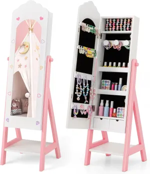 Costzon Kids Jewelry Armoire Cabinet, Standing Jewelry Organizer with Full-Length Mirror, Large Storage Capacity, Kids Vanity Dress Up Mirror Jewelry Cabinet for Girls (White)