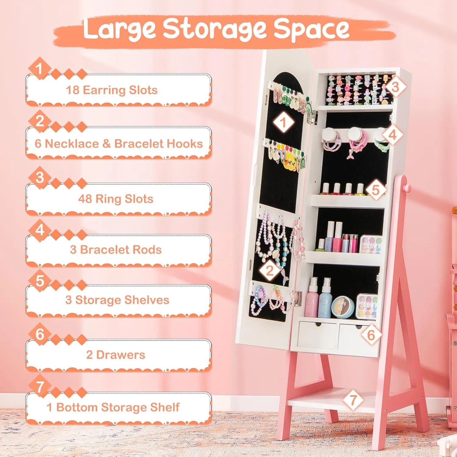 Costzon Kids Jewelry Armoire Cabinet, Standing Jewelry Organizer with Full-Length Mirror, Large Storage Capacity, Kids Vanity Dress Up Mirror Jewelry Cabinet for Girls (White)