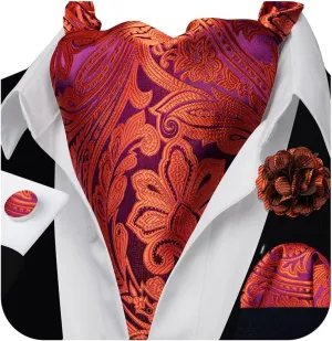 Cravat Tie and Lapel Pin Set Mens Solid Color Paisley Ascot Silk Handkerchief Cufflinks Wedding