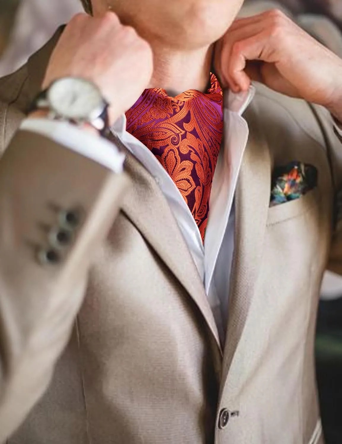 Cravat Tie and Lapel Pin Set Mens Solid Color Paisley Ascot Silk Handkerchief Cufflinks Wedding