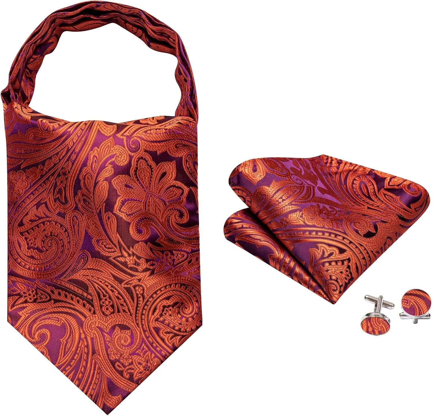 Cravat Tie and Lapel Pin Set Mens Solid Color Paisley Ascot Silk Handkerchief Cufflinks Wedding