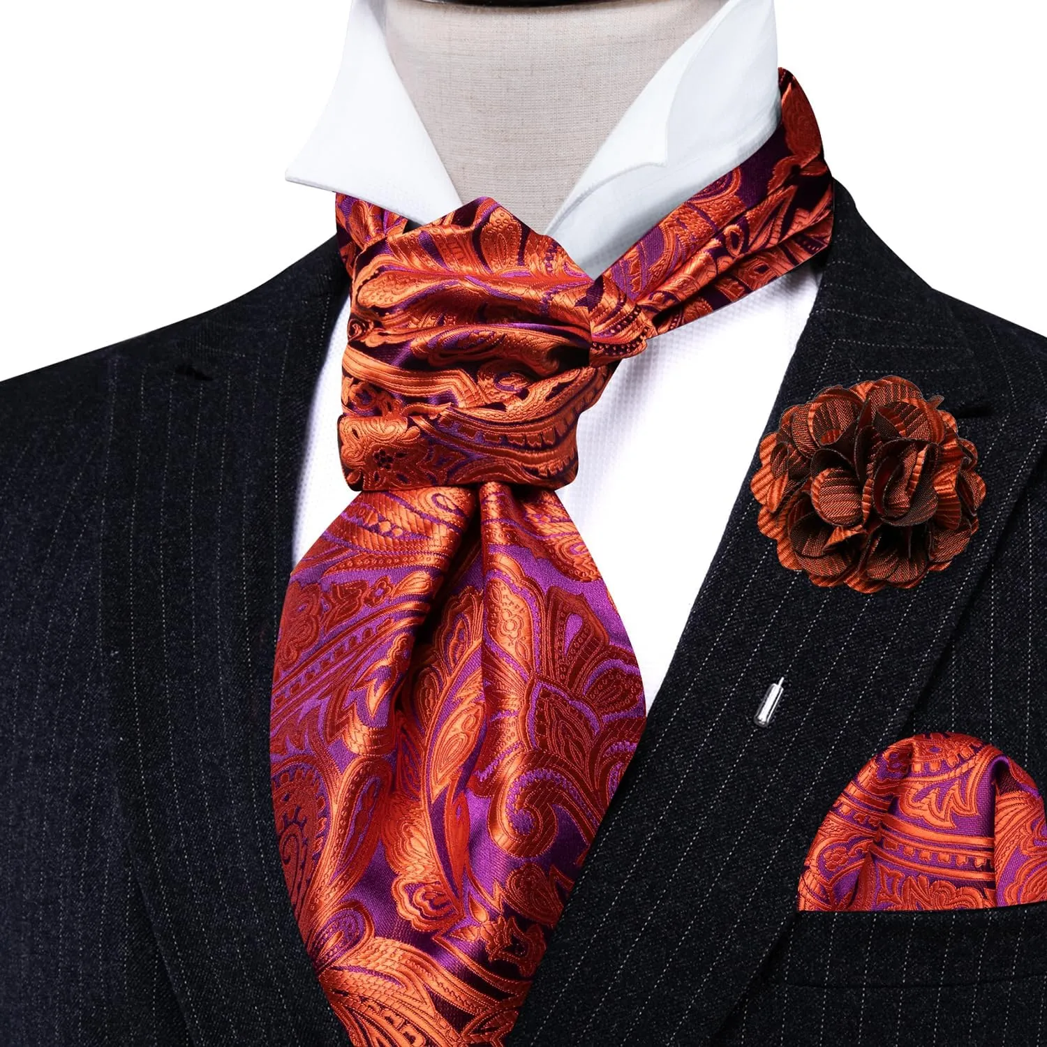 Cravat Tie and Lapel Pin Set Mens Solid Color Paisley Ascot Silk Handkerchief Cufflinks Wedding