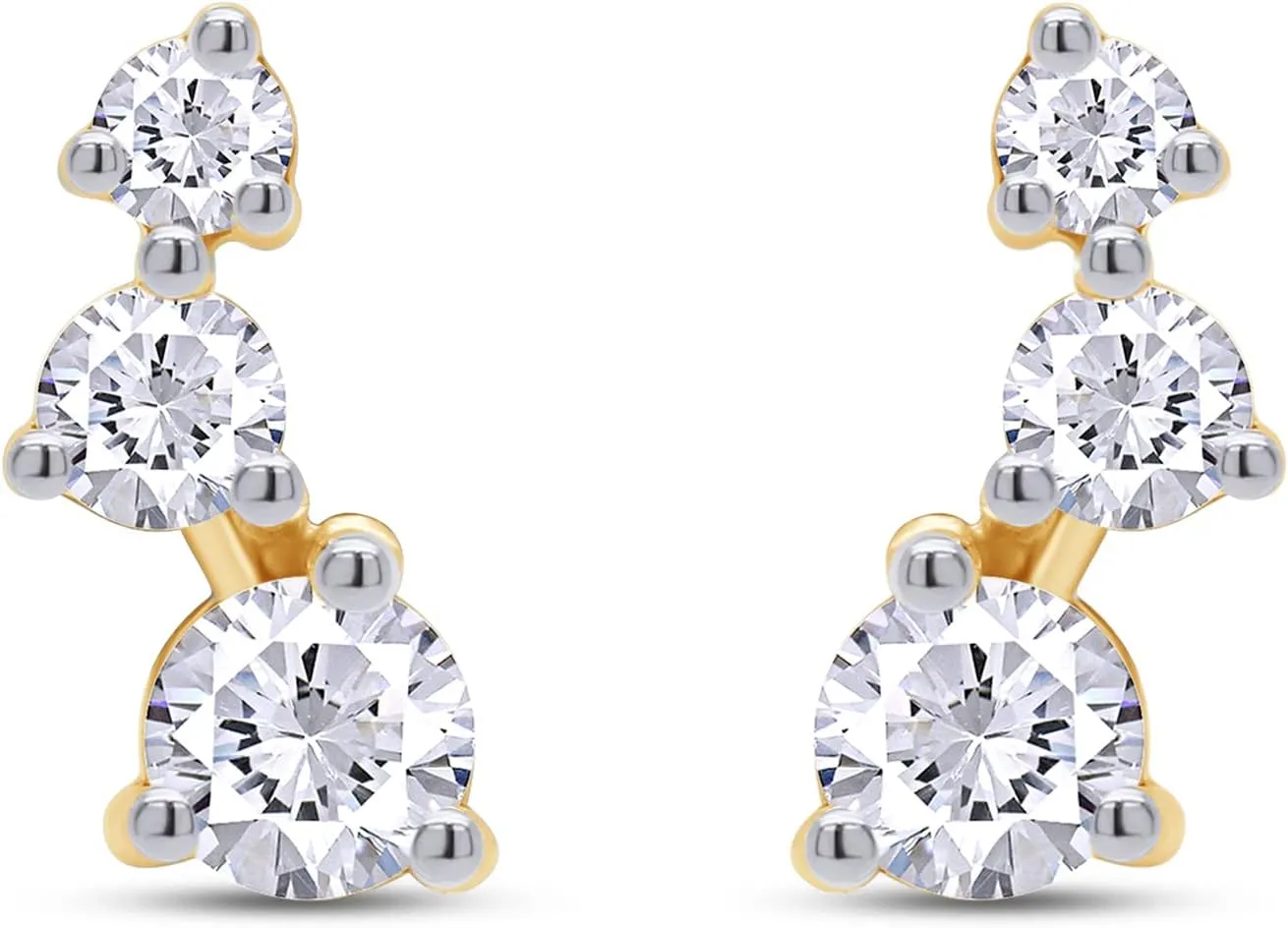 Crawler Stud Earrings, D-E Color Lab Created Moissanite & Lab Grown Diamond, 18K Gold Plated 925 Sterling Silver, Hypoallergenic, Jewelry Box Packed, Gift For Her