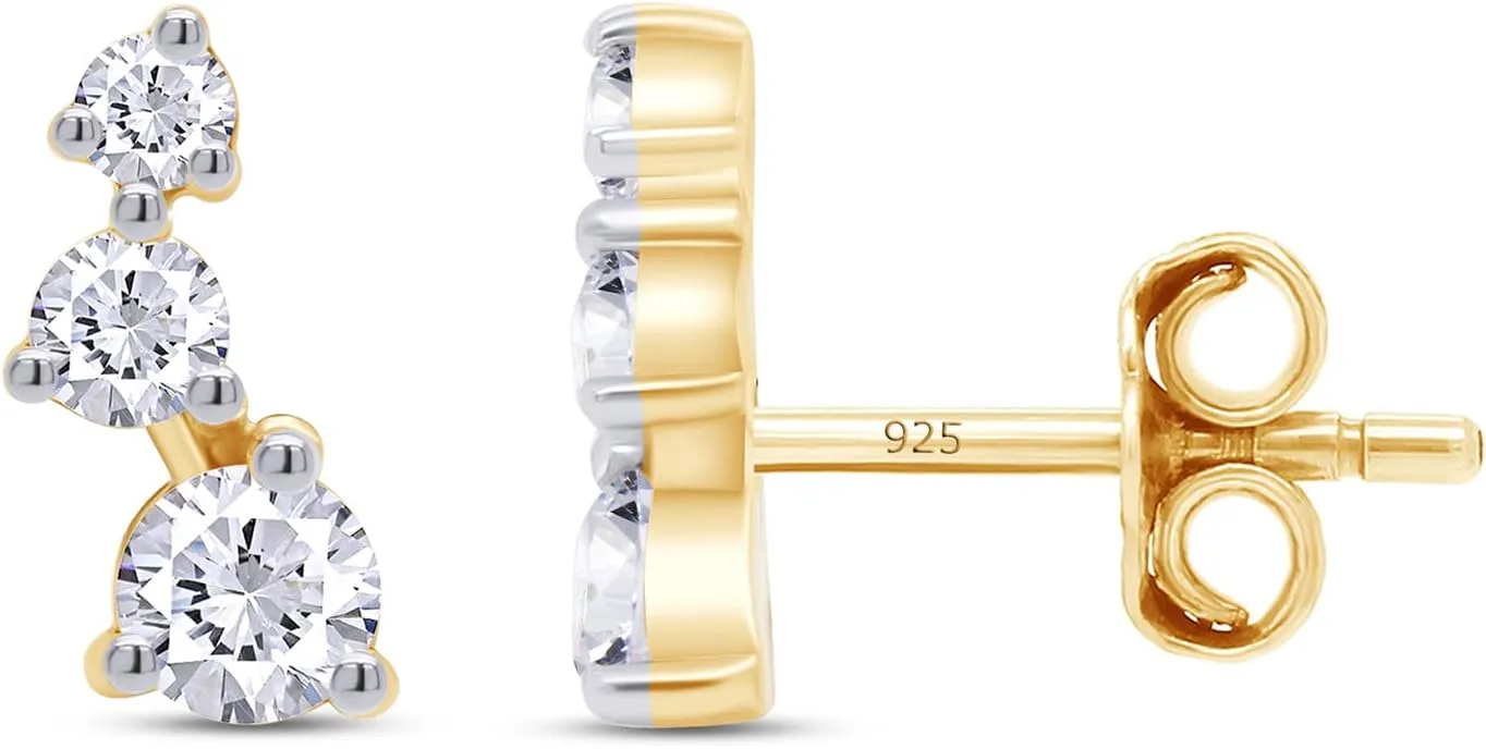 Crawler Stud Earrings, D-E Color Lab Created Moissanite & Lab Grown Diamond, 18K Gold Plated 925 Sterling Silver, Hypoallergenic, Jewelry Box Packed, Gift For Her