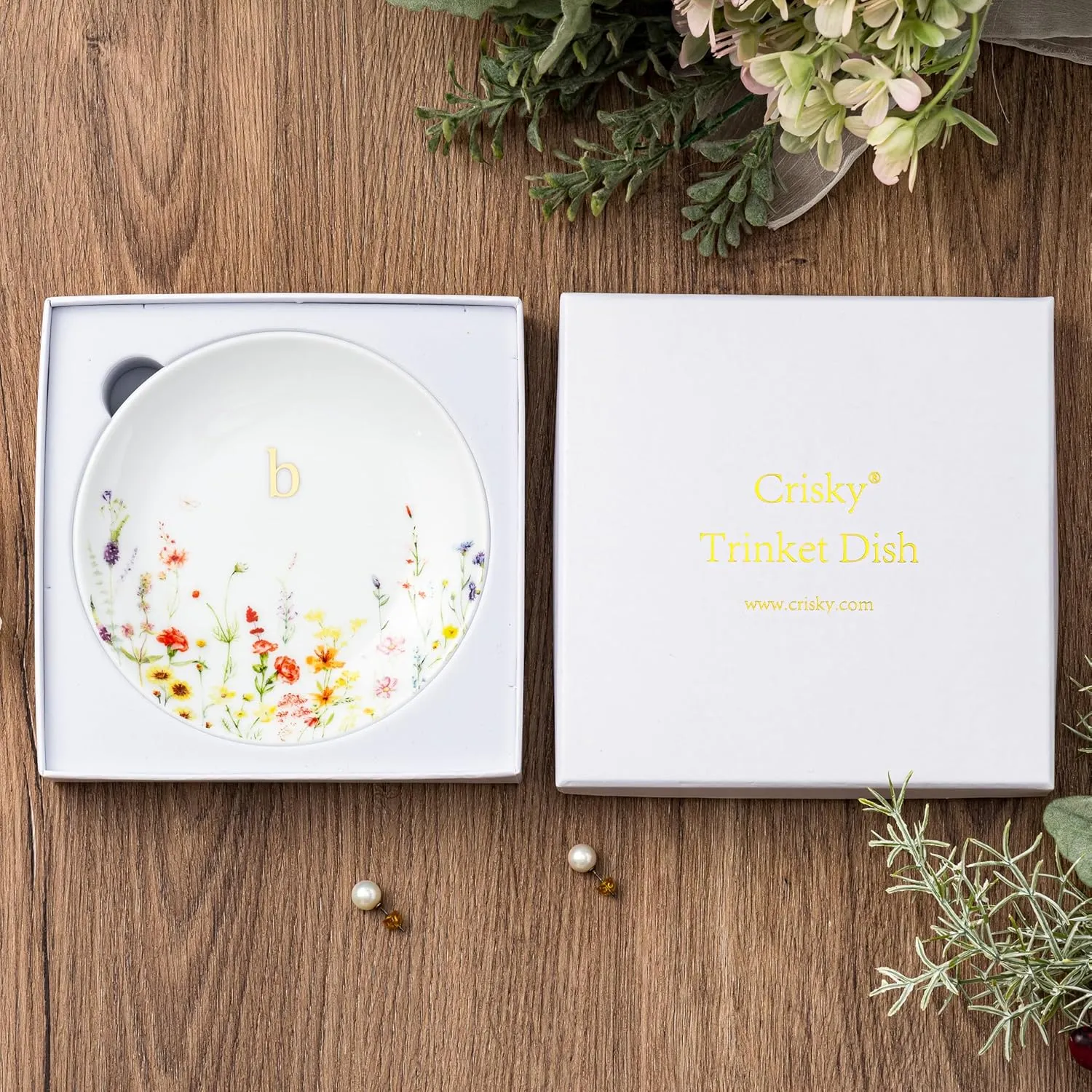 Crisky Initial Jewelry Tray Ring Dish & Gift Box, Ceramic Flower Trinket Dish for Rings Earrings Necklaces Keys, Bridal Shower Engagement Birthday Gift for Women, Friends 4.57" (Gold Foil B