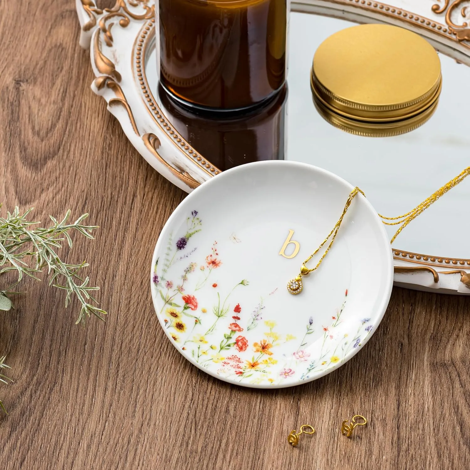 Crisky Initial Jewelry Tray Ring Dish & Gift Box, Ceramic Flower Trinket Dish for Rings Earrings Necklaces Keys, Bridal Shower Engagement Birthday Gift for Women, Friends 4.57" (Gold Foil B