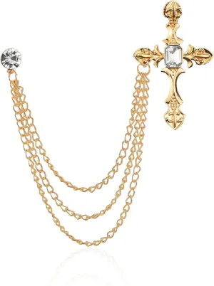 Cross Gold Silver Men'S Brooch Suit Pin with Gem Rhinestone Buckle Brooches Chain tassel Lapel Collar Pins Shirt Decoration Metal Tie Clips Brooch Pins Women Coat Pin with Gift
