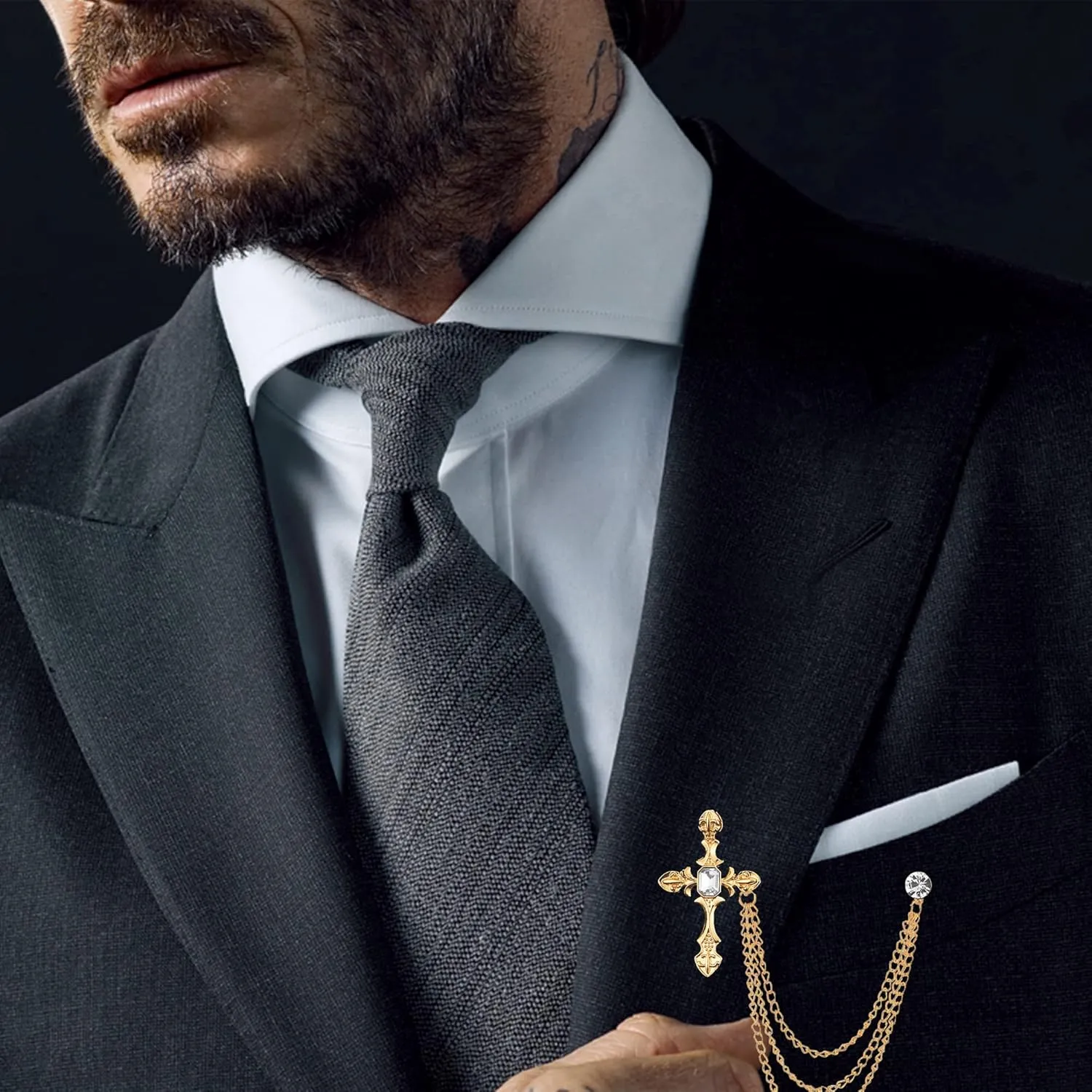 Cross Gold Silver Men'S Brooch Suit Pin with Gem Rhinestone Buckle Brooches Chain tassel Lapel Collar Pins Shirt Decoration Metal Tie Clips Brooch Pins Women Coat Pin with Gift