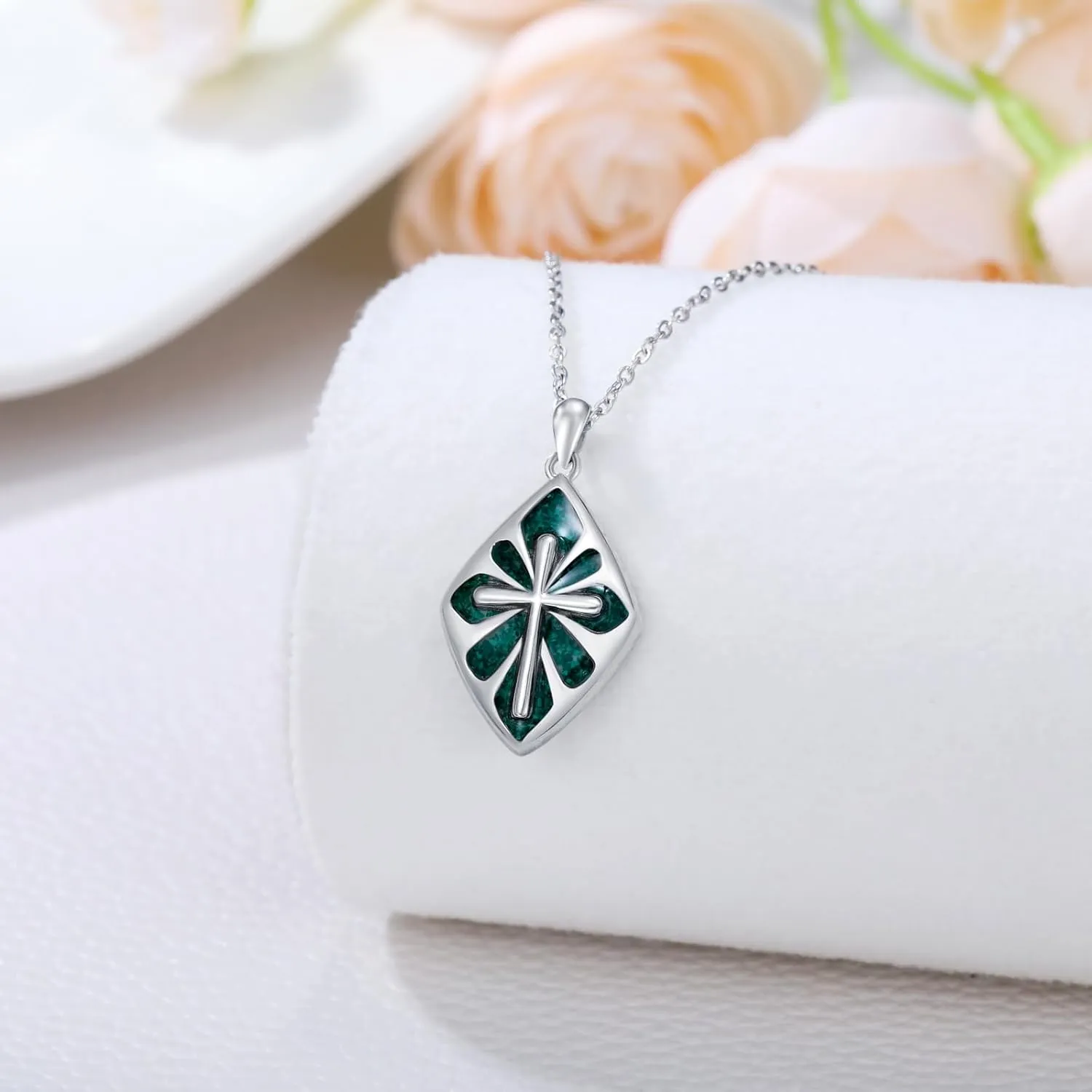 Cross Necklace for Women Men 925 Sterling Silver Abalone Shell/Malachite/Turquoise Cross Pendant Necklaces Religious Jewelry Birthday Graduation Gifts