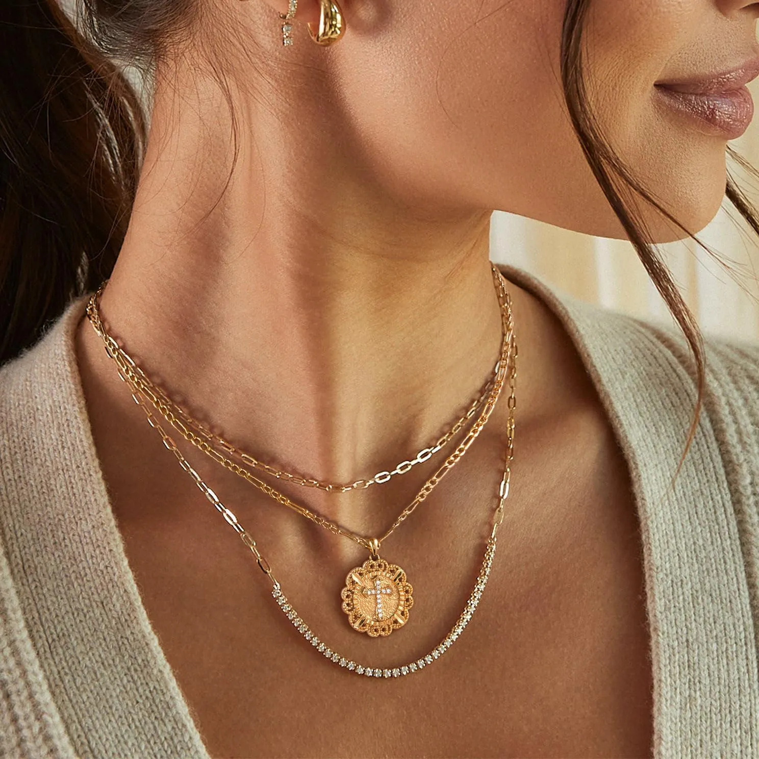 Cross Necklace for Women,14K Gold Plated/Silver/Rose Gold Cubic Zirconia Cross Faith Pendant Necklaces Festival Jewelry Gifts