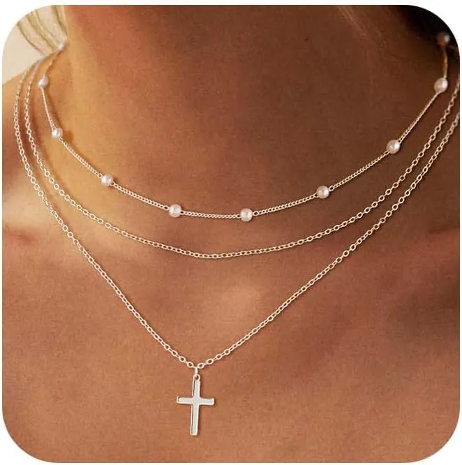 Cross Necklace for Women,Stackable Stacked Stacking Layering Layered Necklaces Dainty Gold Necklace Paperclip Box Flat Mariner Chain Necklace Cross Pendant Simple Jewelry First Communion Gift