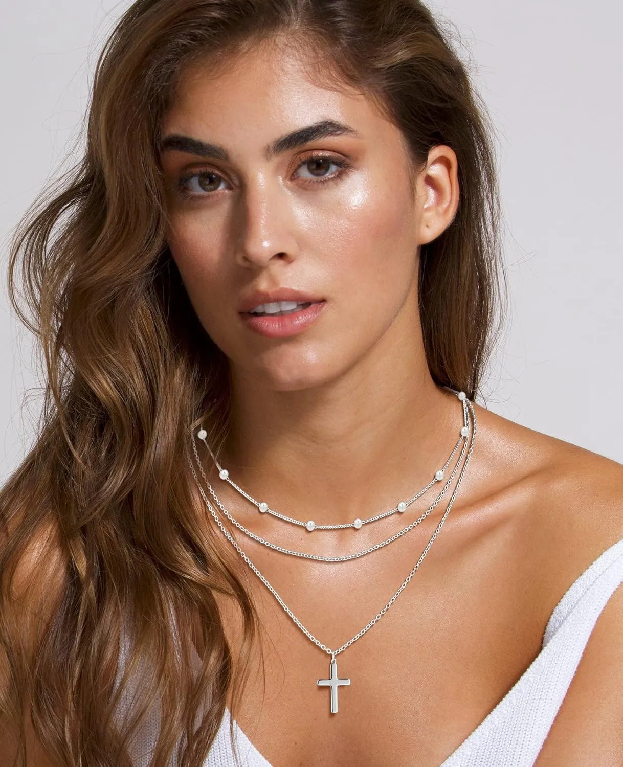 Cross Necklace for Women,Stackable Stacked Stacking Layering Layered Necklaces Dainty Gold Necklace Paperclip Box Flat Mariner Chain Necklace Cross Pendant Simple Jewelry First Communion Gift