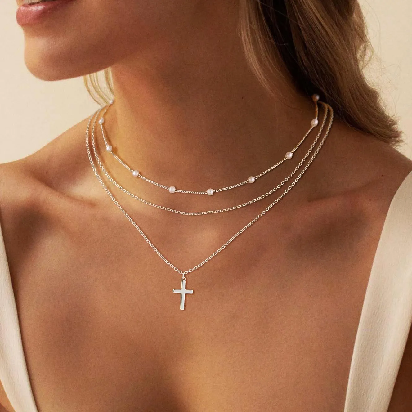 Cross Necklace for Women,Stackable Stacked Stacking Layering Layered Necklaces Dainty Gold Necklace Paperclip Box Flat Mariner Chain Necklace Cross Pendant Simple Jewelry First Communion Gift