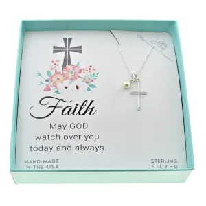 Cross Necklace in Sterling Silver. 18 Inch Sterling Silver Necklace. Christian Jewelry. Confirmation Gift for Her. Crystal Pearl. Faith. Confirmation Sponsor Gift.
