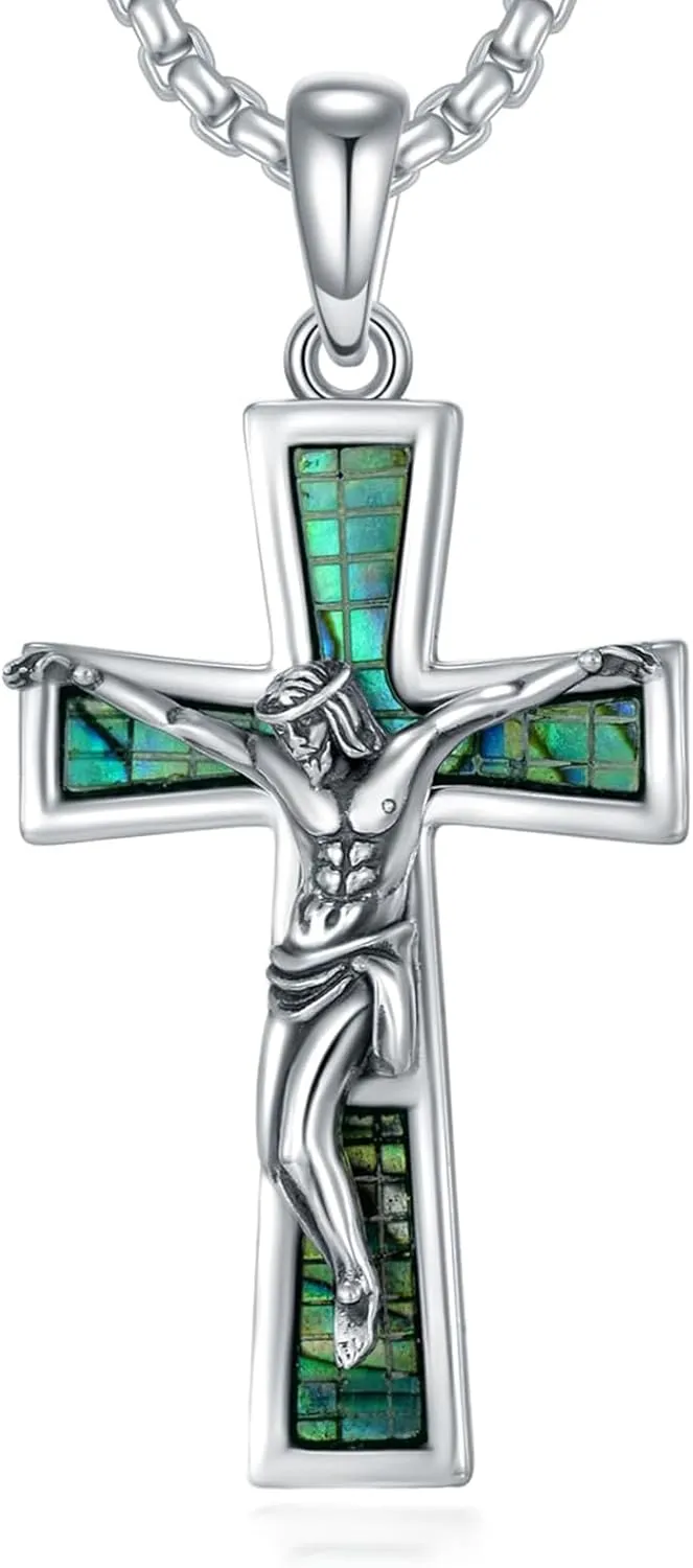 Cross Necklace S925 Sterling Silver Jesus Cross Necklaces for Men Women Crucifix Pendant Jesus Necklace with Abalone Shell Religion Protection Amulet Jewelry Gift for Father Husband Dad Son Him Mom