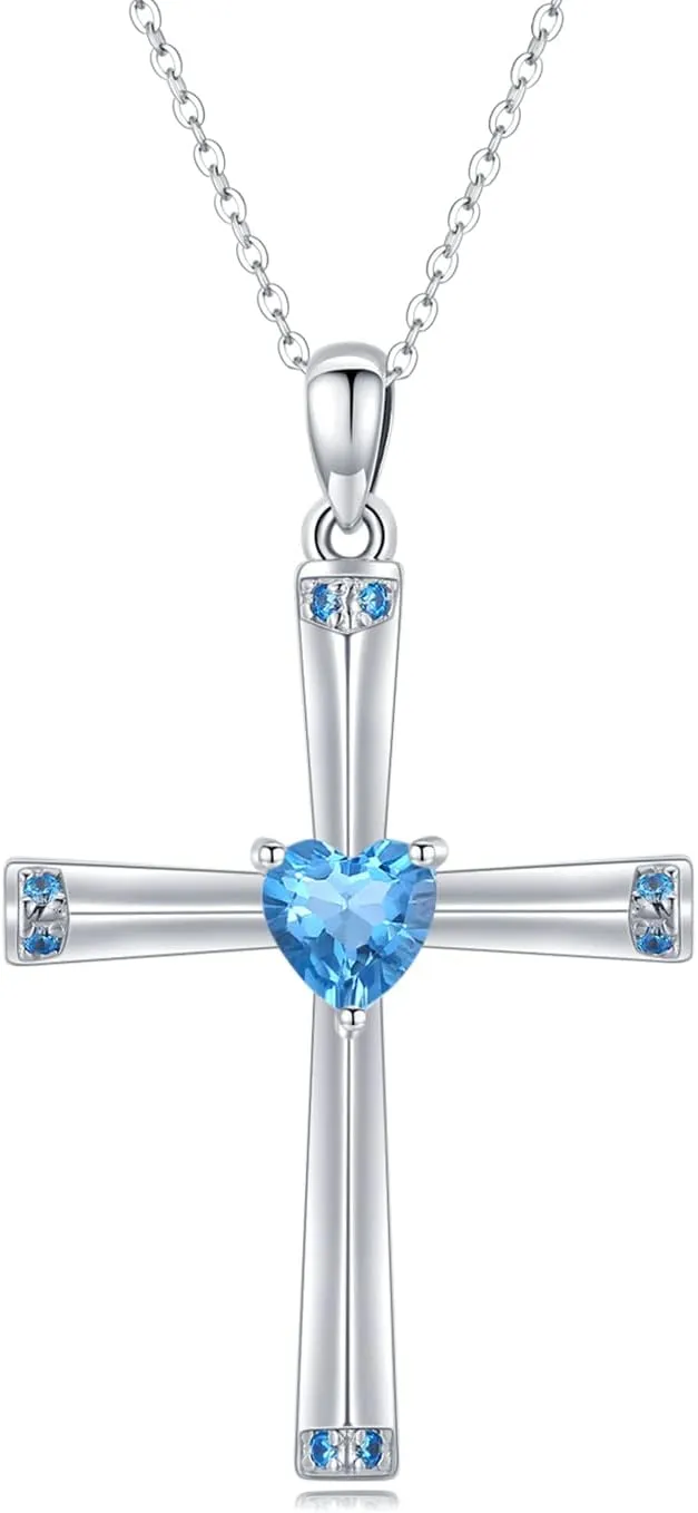 Cross Necklace Sterling Silver Birthstone Cross Necklace/Faith Pendant Angel Wings Necklace Mother's Day Cross Pendant Necklace Religious Jewish Christian Cross Jewelry Gifts for Women