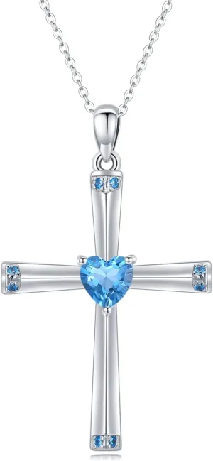 Cross Necklace Sterling Silver Birthstone Cross Necklace/Faith Pendant Angel Wings Necklace Mother's Day Cross Pendant Necklace Religious Jewish Christian Cross Jewelry Gifts for Women