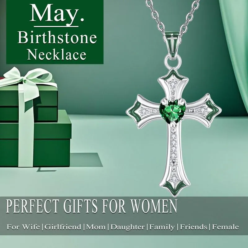 Cross Necklaces Heart Birthstone Birthday Gifts for Women, 18K White Gold Plated Crucifix Pendant Necklace Jewelry Religious Anniversary christmas Gifts for Wife Mom Her