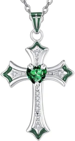 Cross Necklaces Heart Birthstone Birthday Gifts for Women, 18K White Gold Plated Crucifix Pendant Necklace Jewelry Religious Anniversary christmas Gifts for Wife Mom Her
