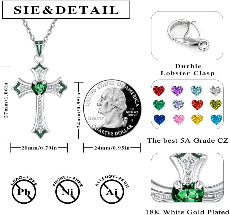 Cross Necklaces Heart Birthstone Birthday Gifts for Women, 18K White Gold Plated Crucifix Pendant Necklace Jewelry Religious Anniversary christmas Gifts for Wife Mom Her