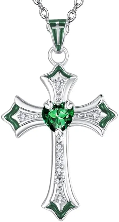 Cross Necklaces Heart Birthstone Birthday Gifts for Women, 18K White Gold Plated Crucifix Pendant Necklace Jewelry Religious Anniversary christmas Gifts for Wife Mom Her
