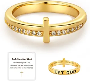 Cross Ring for Women, Cubic Zirconia Purity Ring for Christian, Engrave Let Go & Let God Dainty Trendy Religious Pray Ring