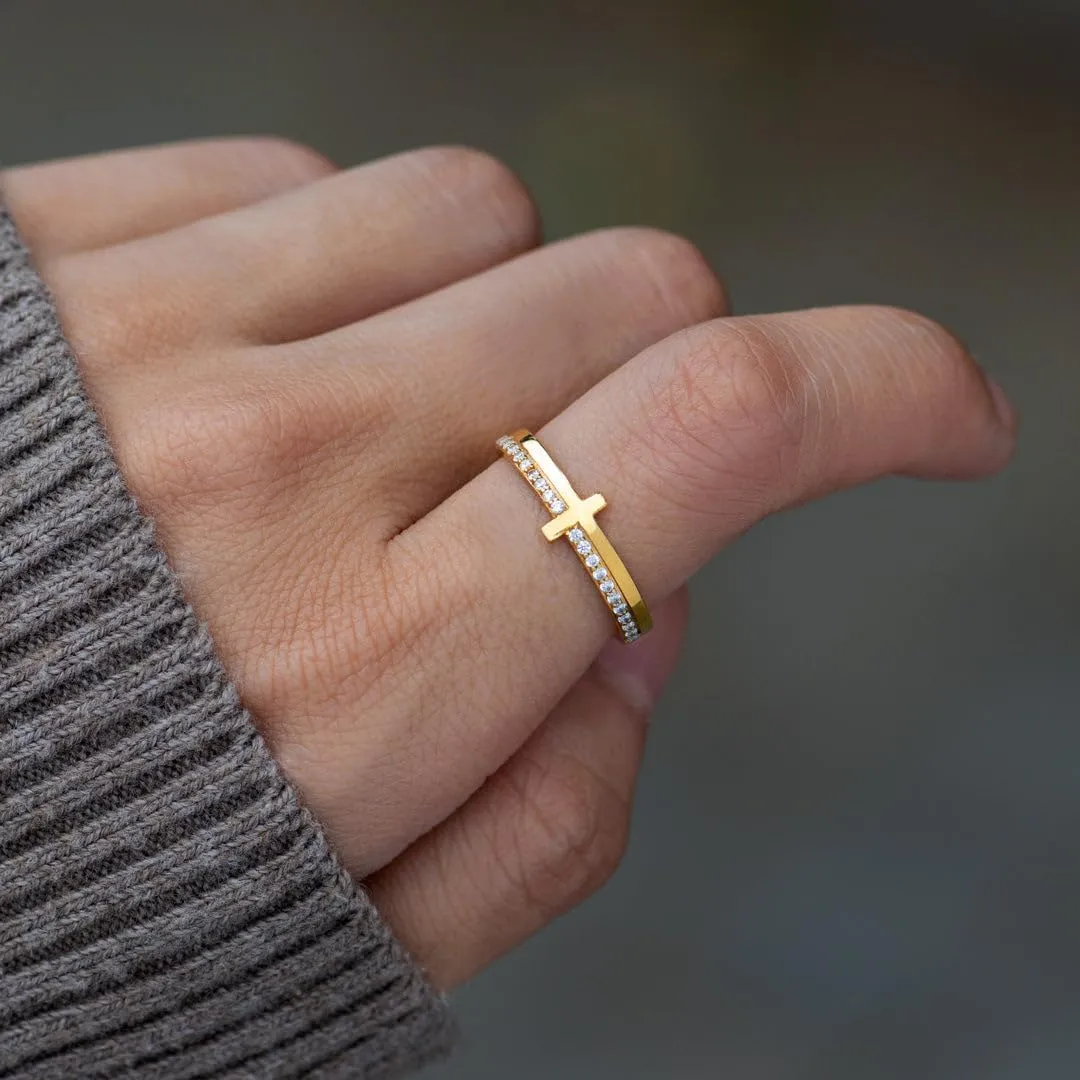 Cross Ring for Women, Cubic Zirconia Purity Ring for Christian, Engrave Let Go & Let God Dainty Trendy Religious Pray Ring