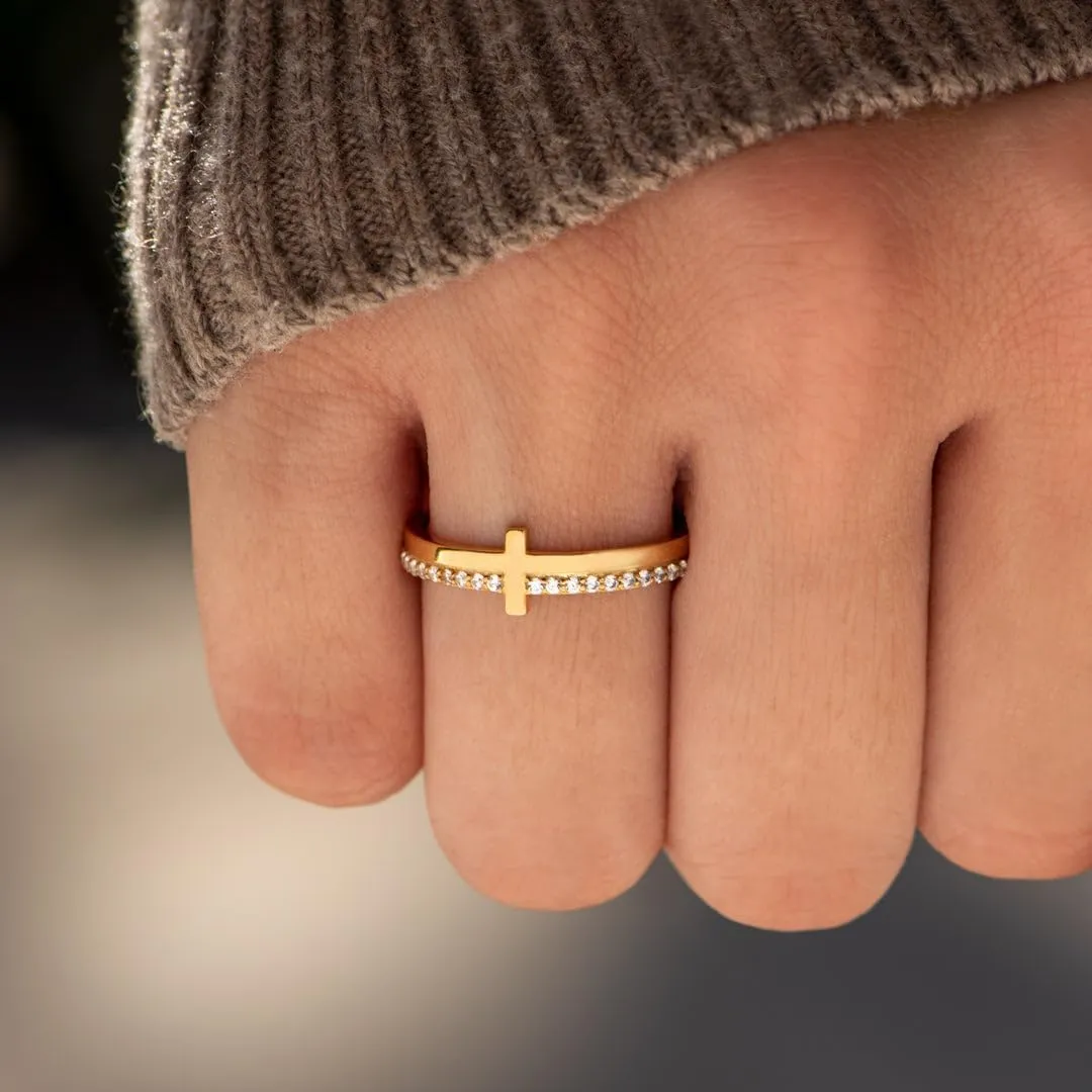 Cross Ring for Women, Cubic Zirconia Purity Ring for Christian, Engrave Let Go & Let God Dainty Trendy Religious Pray Ring