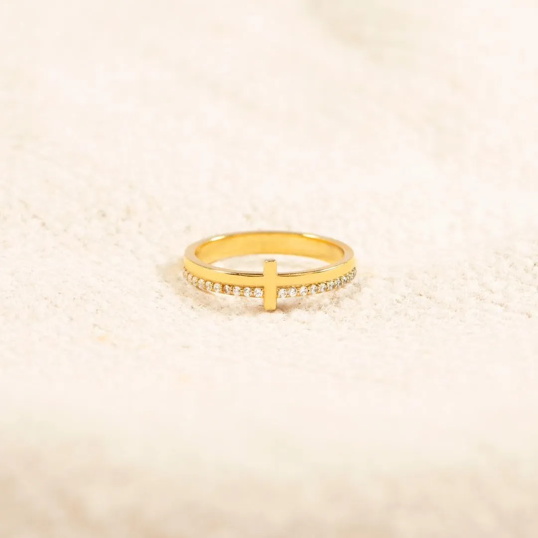 Cross Ring for Women, Cubic Zirconia Purity Ring for Christian, Engrave Let Go & Let God Dainty Trendy Religious Pray Ring