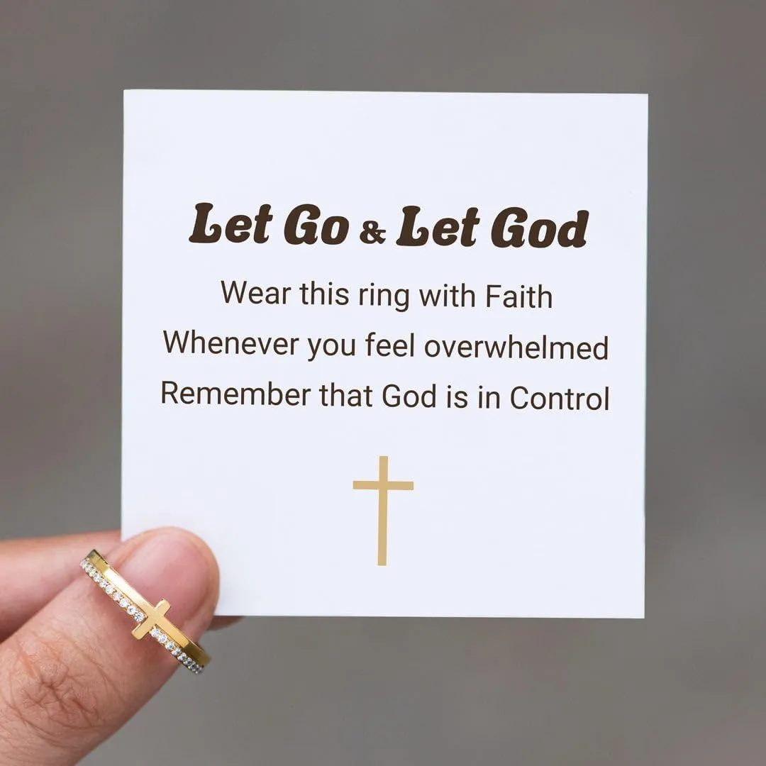 Cross Ring for Women, Cubic Zirconia Purity Ring for Christian, Engrave Let Go & Let God Dainty Trendy Religious Pray Ring