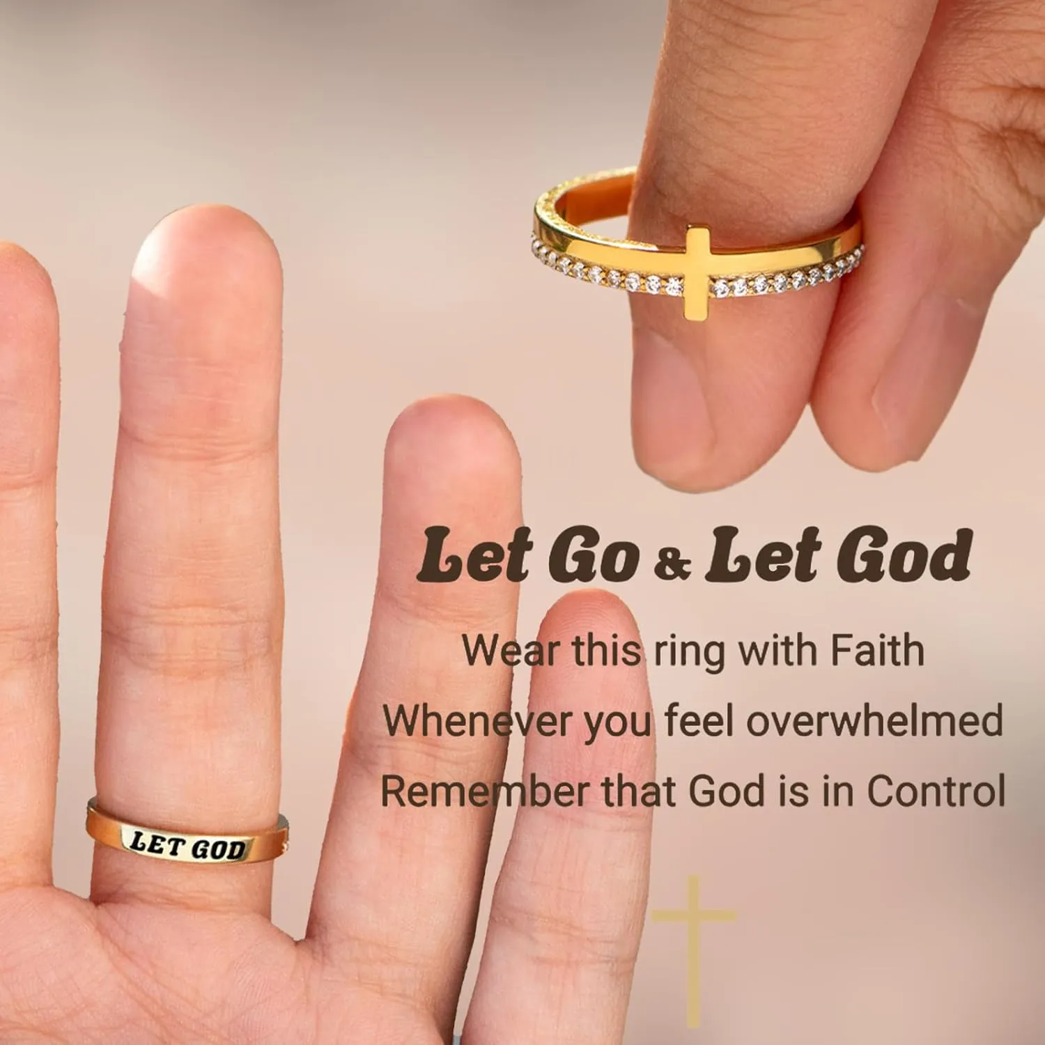 Cross Ring for Women, Cubic Zirconia Purity Ring for Christian, Engrave Let Go & Let God Dainty Trendy Religious Pray Ring