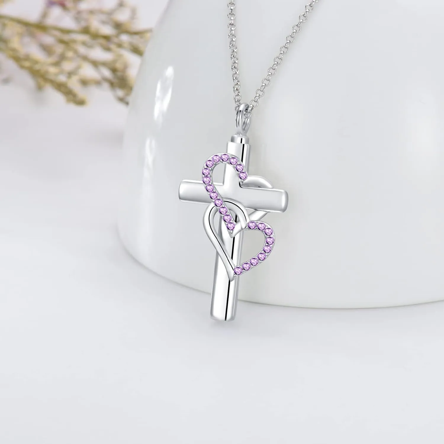 Cross Urn Necklace for Ashes 925 Sterling Silver Cross Birthstone/Birth Flower Cremation Necklaces Custom Personalized Name Memorial Keepsake Cross Jewelry Pendant for Women Men