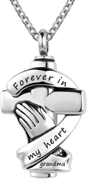 Cross Urn Necklaces for Ashes Praying Hands Cremation Memorial Stainless Steel Pendant Jewelry Forever in My Heart with Grandma