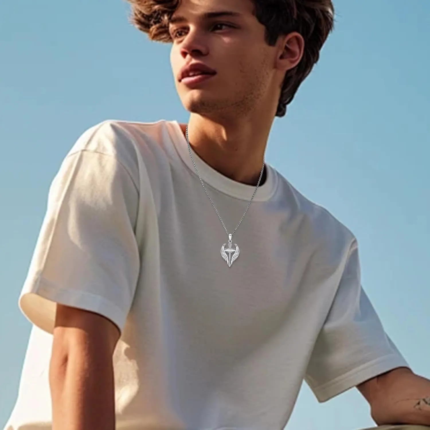 Cross Wings Necklace for Men Women S925 Sterling Silver Guardian Angel Wings Cross Pendant Necklaces Gifts for Men Angel's Wing Jewelry Birthday Gift 20 2 Inch Stainless Steel Chain