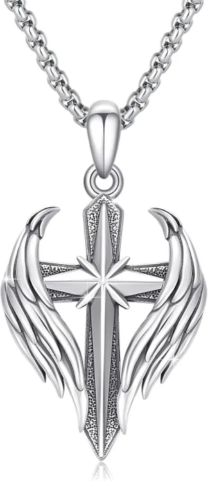 Cross Wings Necklace for Men Women S925 Sterling Silver Guardian Angel Wings Cross Pendant Necklaces Gifts for Men Angel's Wing Jewelry Birthday Gift 20 2 Inch Stainless Steel Chain