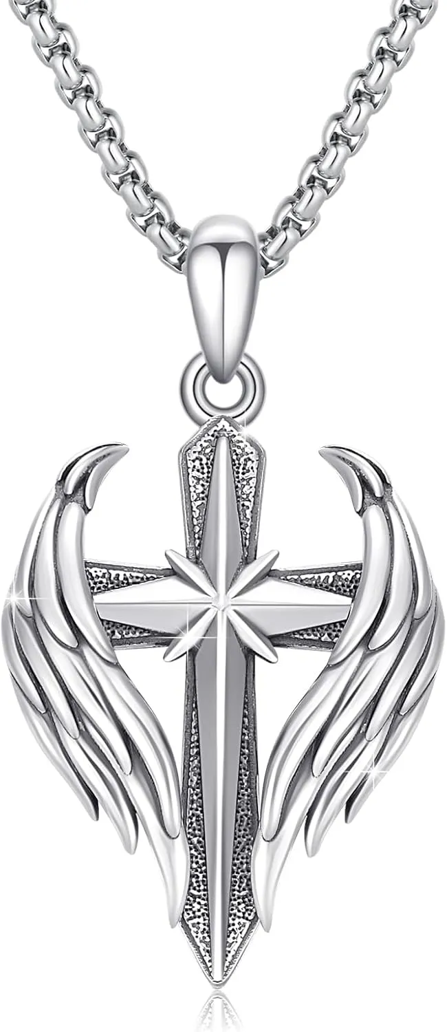 Cross Wings Necklace for Men Women S925 Sterling Silver Guardian Angel Wings Cross Pendant Necklaces Gifts for Men Angel's Wing Jewelry Birthday Gift 20 2 Inch Stainless Steel Chain