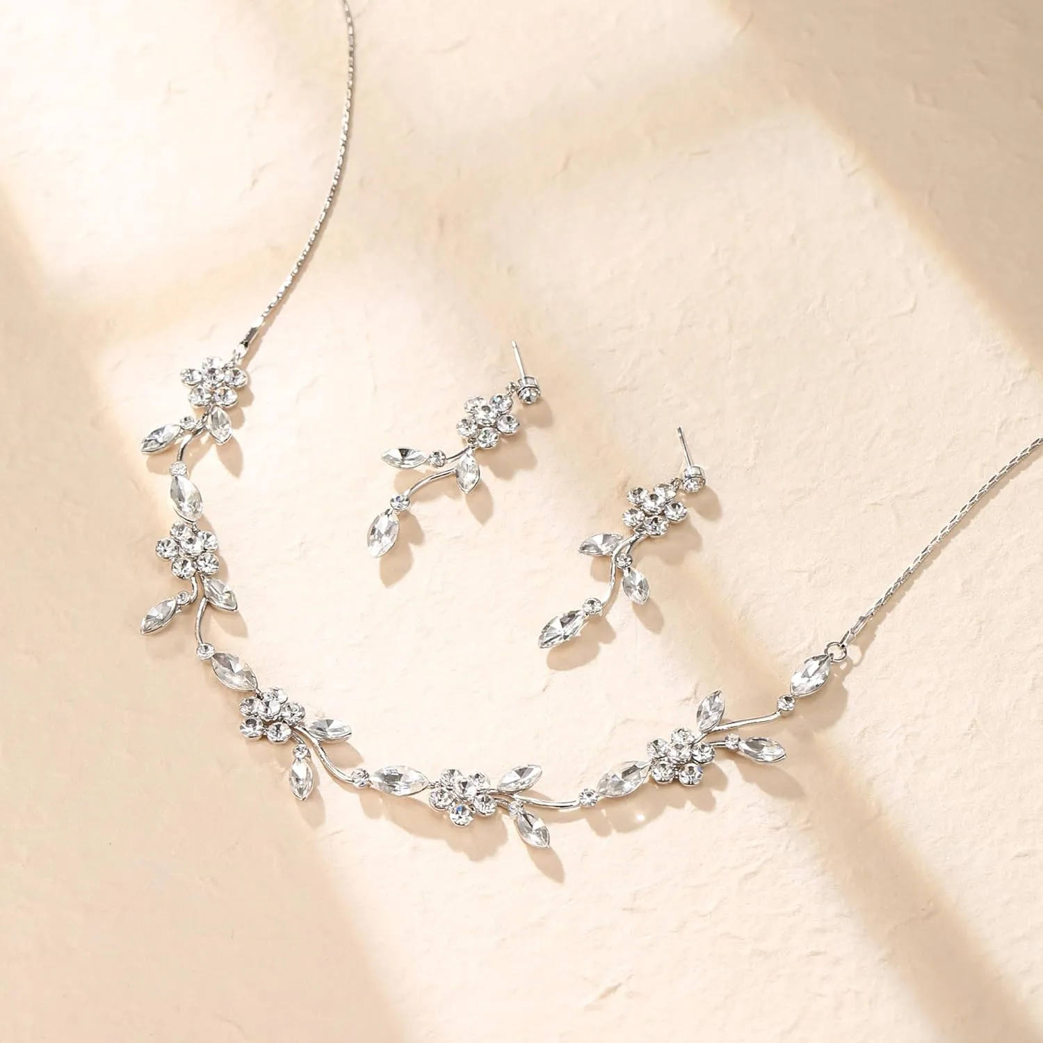 Crysdue Flower Bride Jewelry Set for Women Bridesmaid, Elegant Czech Diamond Floral Leaf Statement Necklace Dangle Earrings, Wedding Prom Party Jewellery