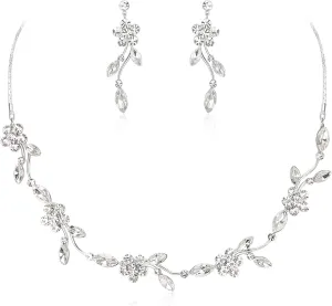 Crysdue Flower Bride Jewelry Set for Women Bridesmaid, Elegant Czech Diamond Floral Leaf Statement Necklace Dangle Earrings, Wedding Prom Party Jewellery