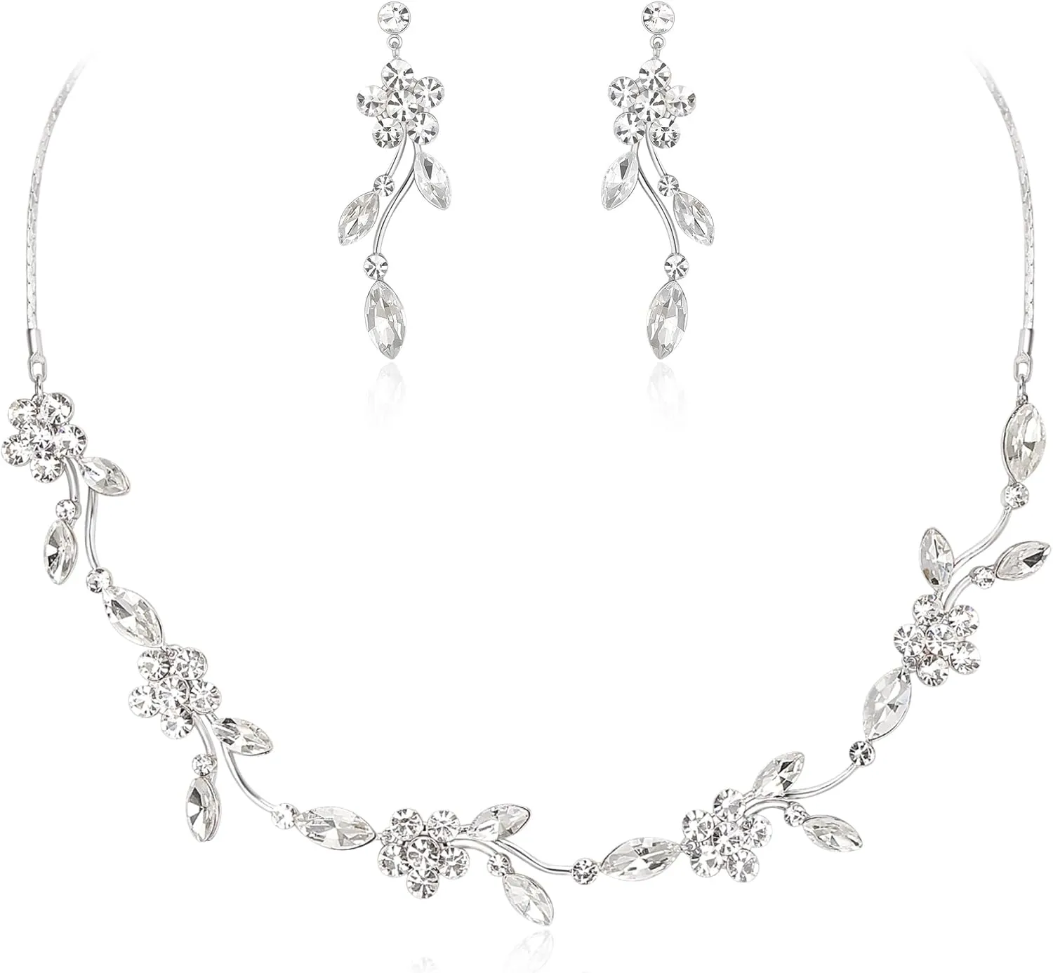 Crysdue Flower Bride Jewelry Set for Women Bridesmaid, Elegant Czech Diamond Floral Leaf Statement Necklace Dangle Earrings, Wedding Prom Party Jewellery