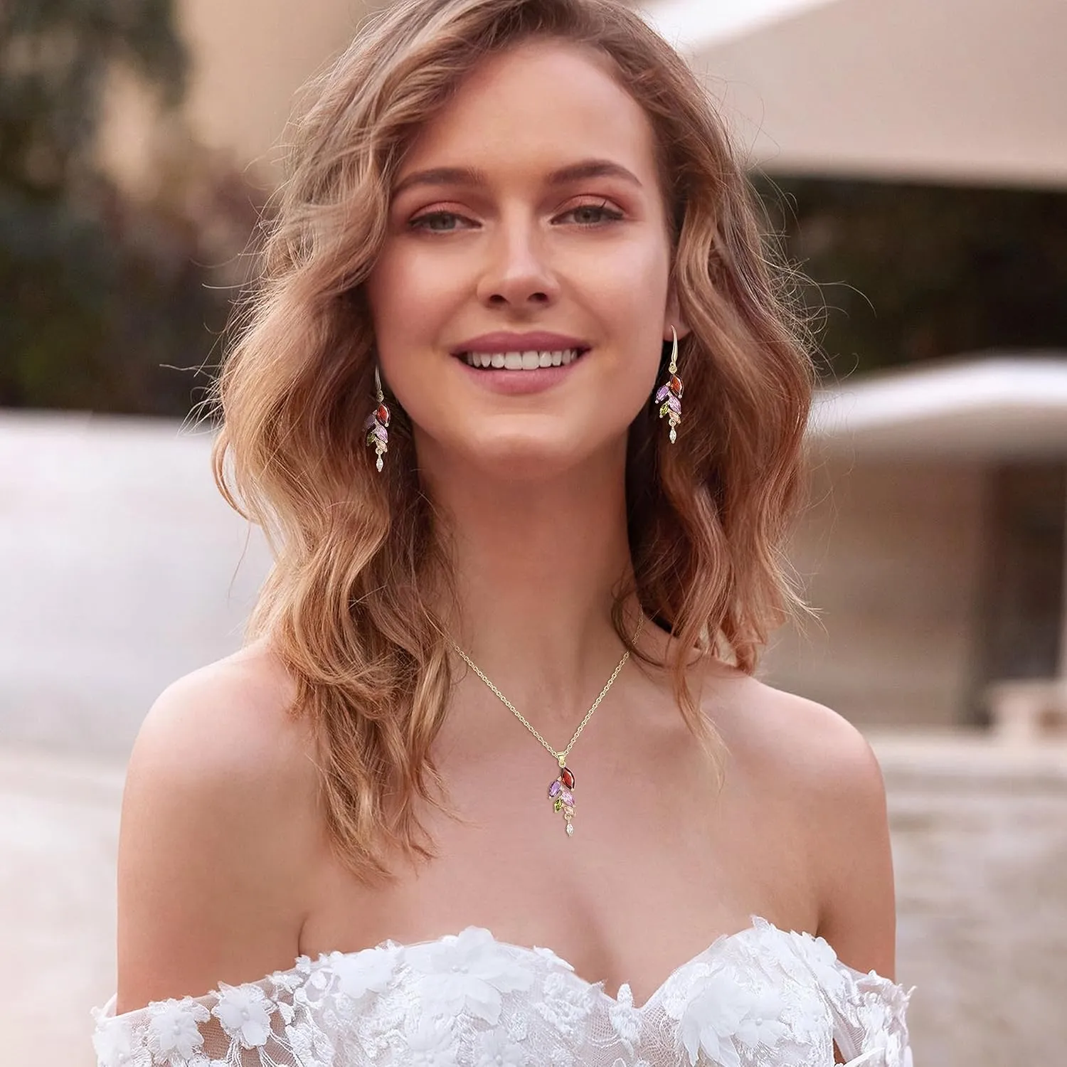 Crysdue Wedding Jewelry Set, Elegant Cubic Zirconia Prom Necklace Dangle Earrings Set for Bride Bridesmaid