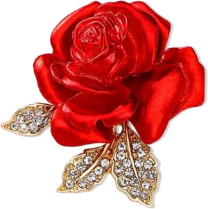 Crystal Red Rose Flower Brooch Pins for Women Elegant Enamel Rhinestone Floral Brooches Pin Fashion Jewelry for Party Dance Wedding Banquet Brooch for Women Girl Gift