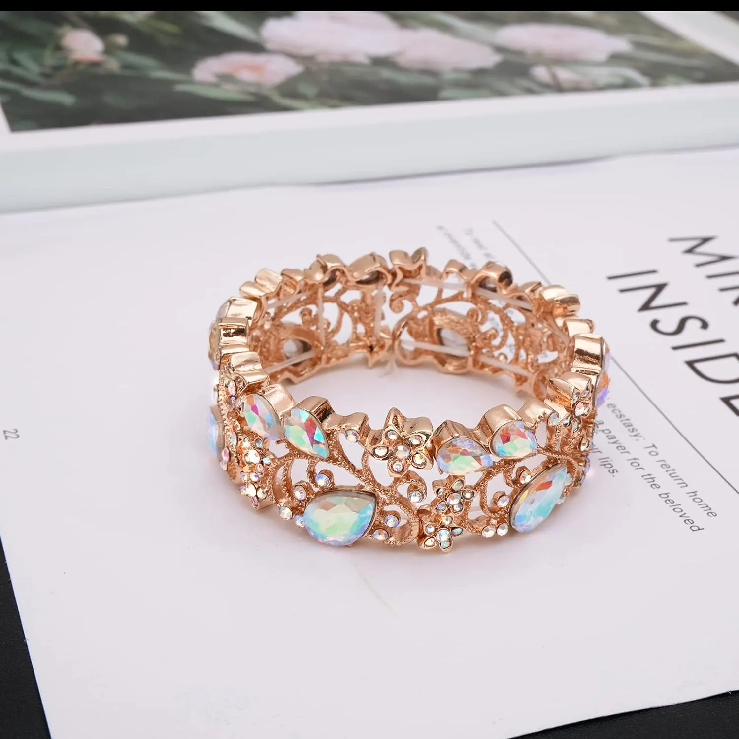 CSY Elegant Crystal Costume Jewelry Sets Flower Bridal Necklace Earrings Stretch Bangle Set for Bride Bridesmaid Wedding Dress Accessories