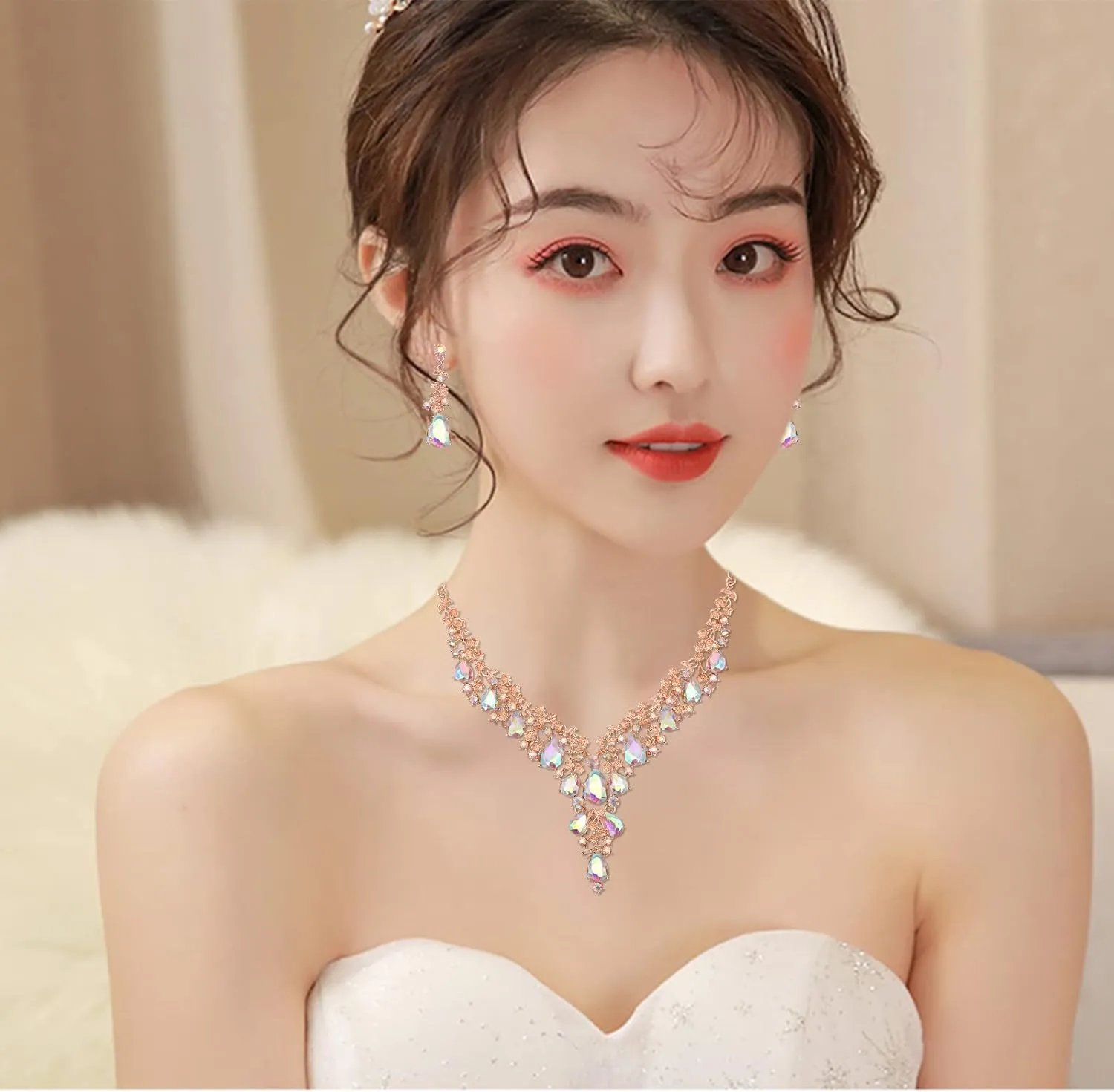 CSY Elegant Crystal Costume Jewelry Sets Flower Bridal Necklace Earrings Stretch Bangle Set for Bride Bridesmaid Wedding Dress Accessories