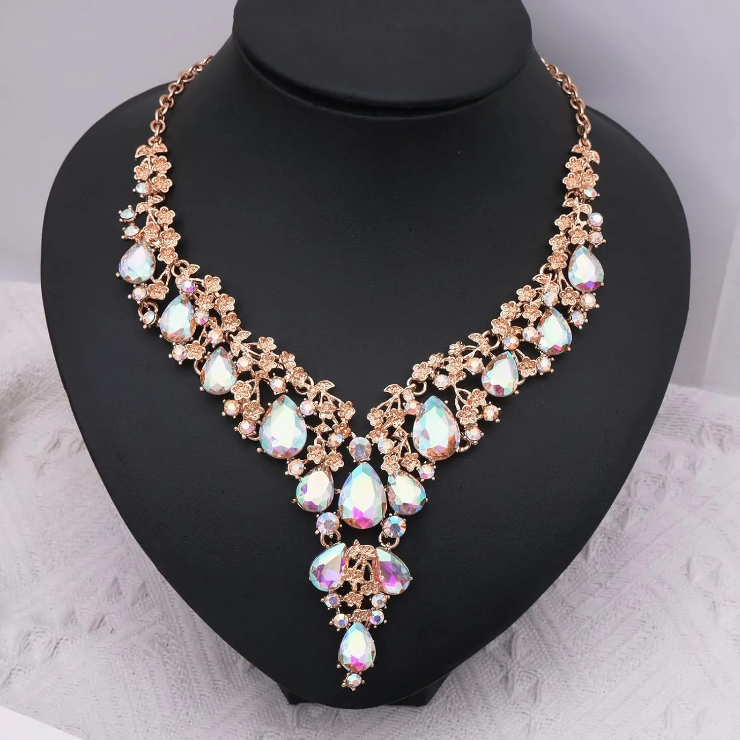 CSY Elegant Crystal Costume Jewelry Sets Flower Bridal Necklace Earrings Stretch Bangle Set for Bride Bridesmaid Wedding Dress Accessories